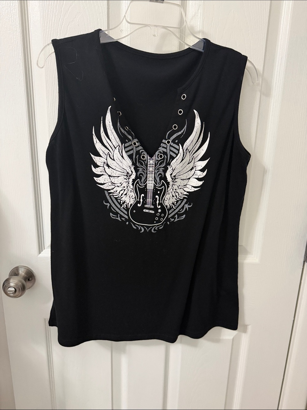 Black Sleeveless Graphic Muscle Tank with Winged Guitar Print